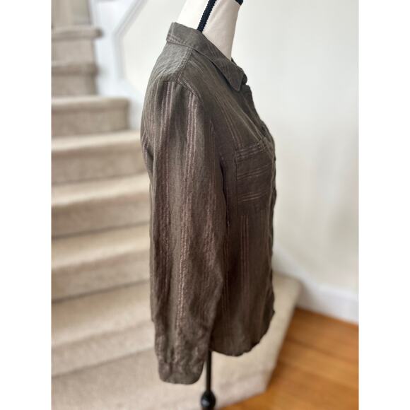Boden Olive Green & Metallic Pink Strip Linen Button Down Long Sleeve Shirt - Picture 4 of 8